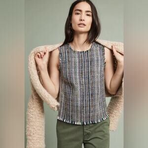 Anthropologie Maeve Sleeveless Tweed Fringe Hem Shell Blouse Top